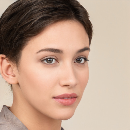 Neutral white young-adult female with medium  brown hair and brown eyes