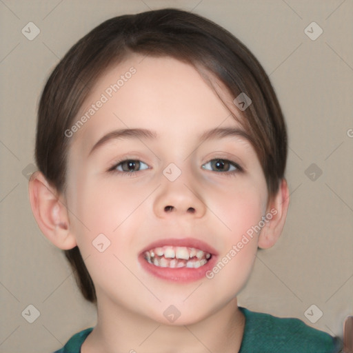 Joyful white child female with short  brown hair and brown eyes