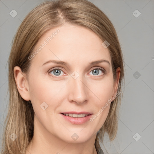 Joyful white young-adult female with medium  brown hair and blue eyes