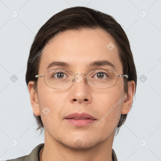 Neutral white adult male with short  brown hair and brown eyes