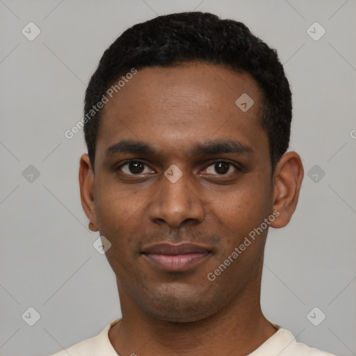 Neutral black young-adult male with short  black hair and brown eyes