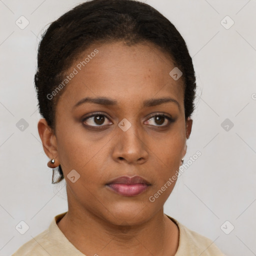 Neutral latino young-adult female with short  brown hair and brown eyes