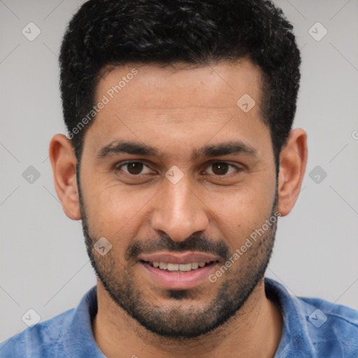 Joyful white young-adult male with short  black hair and brown eyes