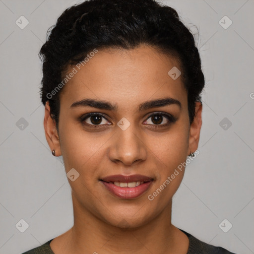 Joyful latino young-adult female with short  black hair and brown eyes