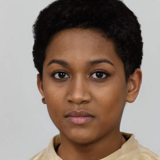Neutral black young-adult female with short  black hair and brown eyes