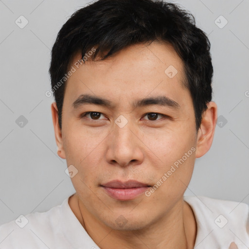 Neutral asian young-adult male with short  black hair and brown eyes