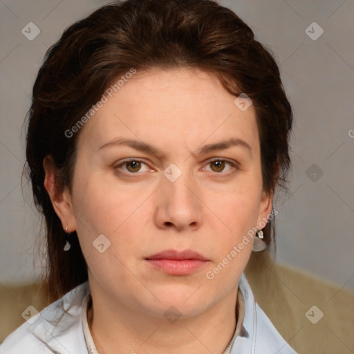 Neutral white young-adult female with medium  brown hair and brown eyes