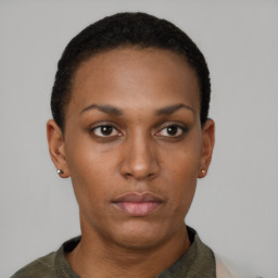 Neutral black young-adult female with short  black hair and brown eyes