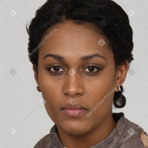 Neutral black young-adult female with short  black hair and brown eyes