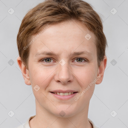 Joyful white young-adult female with short  brown hair and grey eyes