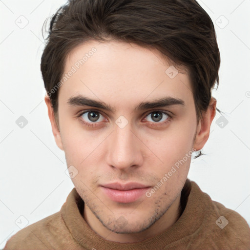 Neutral white young-adult male with short  brown hair and brown eyes