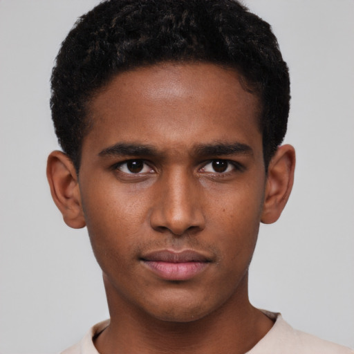 Neutral black young-adult male with short  brown hair and brown eyes