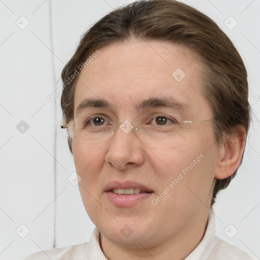 Joyful white adult female with short  brown hair and brown eyes