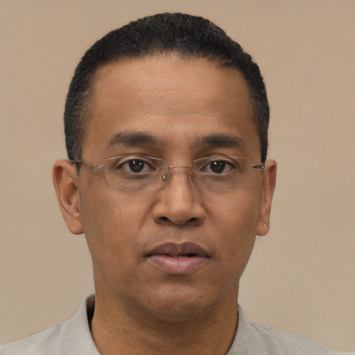Neutral black adult male with short  black hair and brown eyes