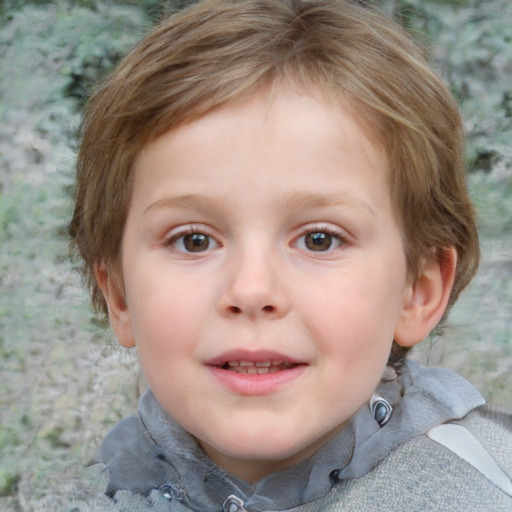 Joyful white child female with short  brown hair and blue eyes