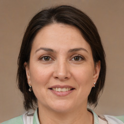 Joyful white adult female with medium  brown hair and brown eyes