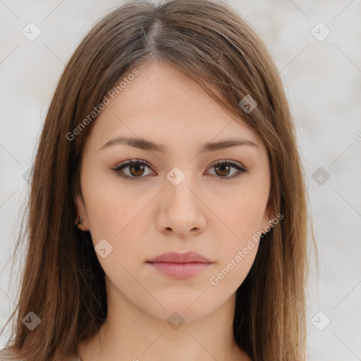 Neutral white young-adult female with long  brown hair and brown eyes