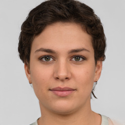 Neutral white young-adult female with short  brown hair and brown eyes