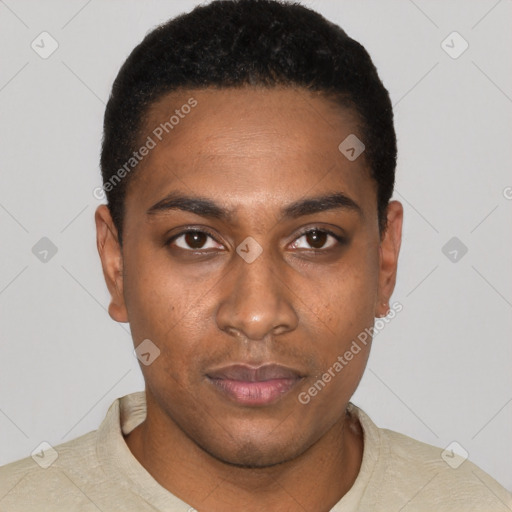 Neutral black young-adult male with short  black hair and brown eyes