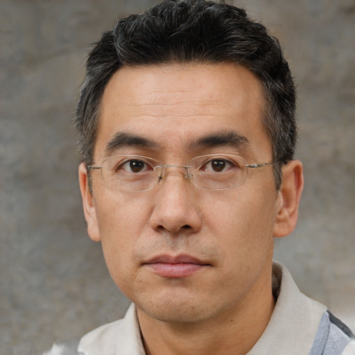 Neutral asian adult male with short  brown hair and brown eyes