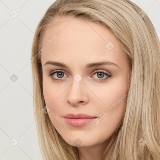 Neutral white young-adult female with long  brown hair and brown eyes