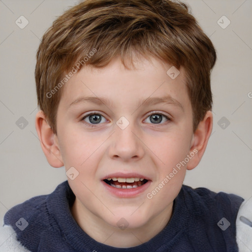 Joyful white child male with short  brown hair and brown eyes