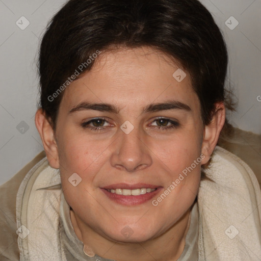 Joyful white young-adult female with medium  brown hair and brown eyes