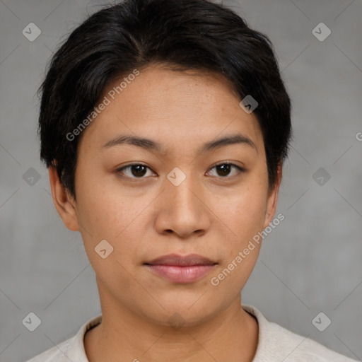 Joyful asian young-adult female with short  brown hair and brown eyes