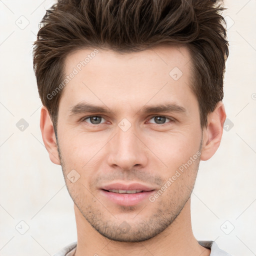 Neutral white young-adult male with short  brown hair and brown eyes