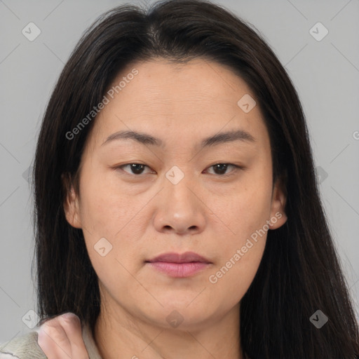 Joyful asian young-adult female with long  brown hair and brown eyes