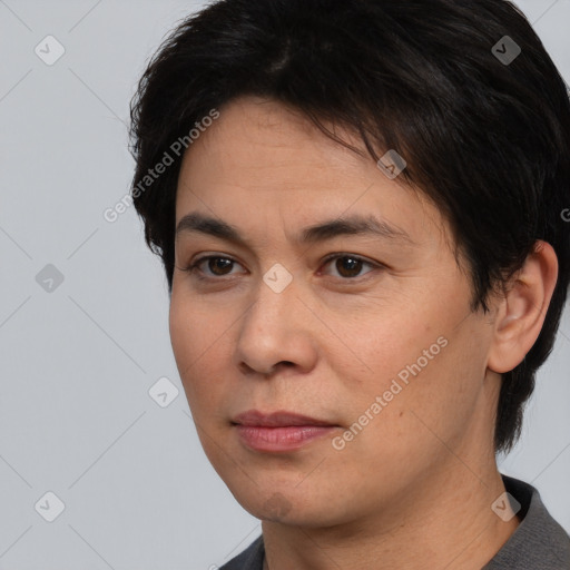 Neutral white young-adult female with short  brown hair and brown eyes