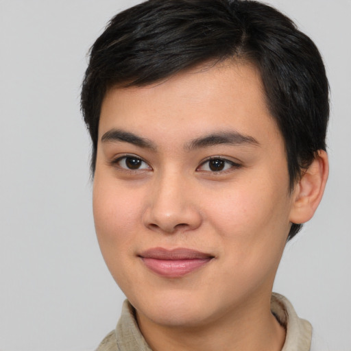 Joyful white young-adult male with medium  brown hair and brown eyes