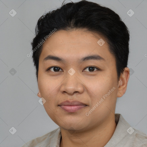 Joyful latino young-adult male with short  black hair and brown eyes