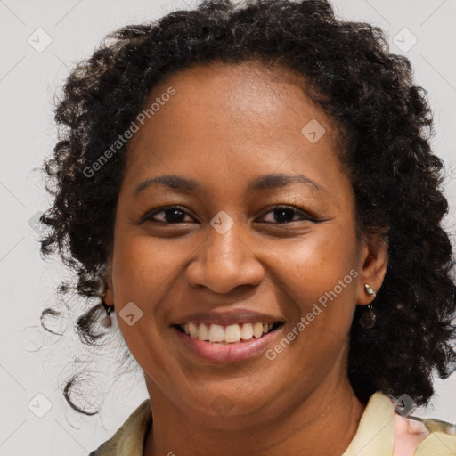 Joyful black young-adult female with long  brown hair and brown eyes