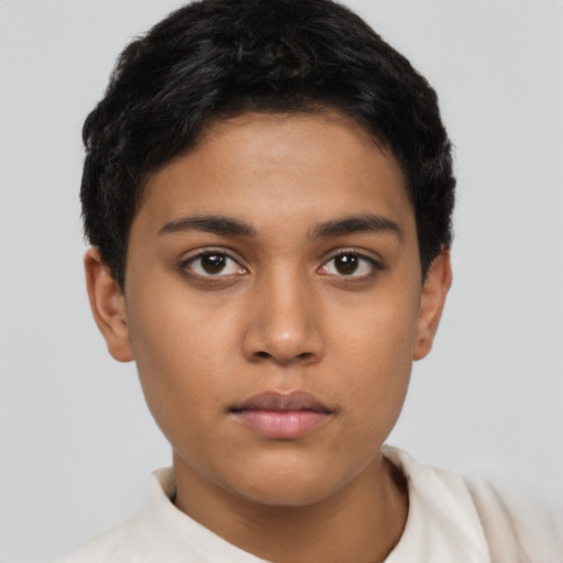 Neutral latino young-adult female with short  black hair and brown eyes