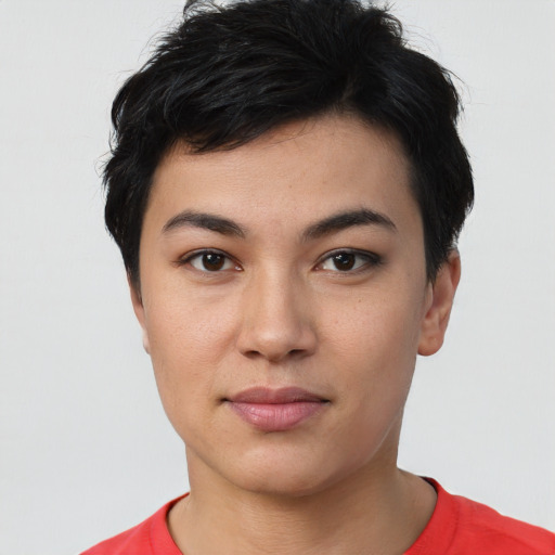 Neutral white young-adult female with short  black hair and brown eyes