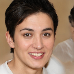 Joyful white young-adult female with medium  brown hair and brown eyes