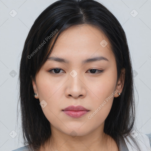 Neutral asian young-adult female with medium  black hair and brown eyes