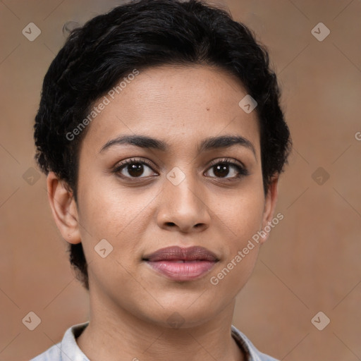 Joyful latino young-adult female with short  brown hair and brown eyes