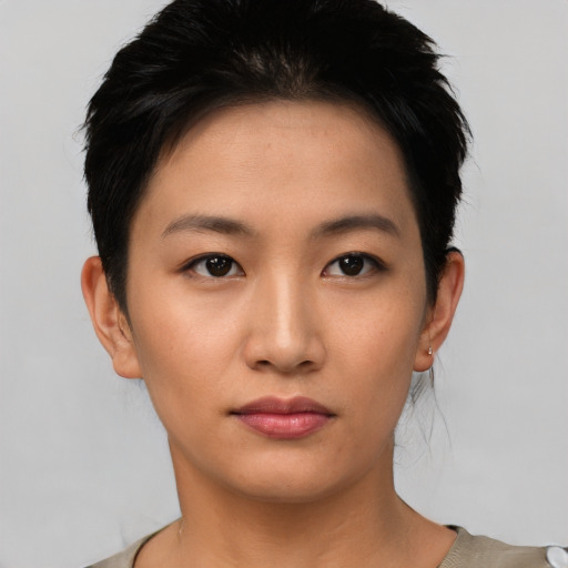 Neutral asian young-adult female with short  black hair and brown eyes