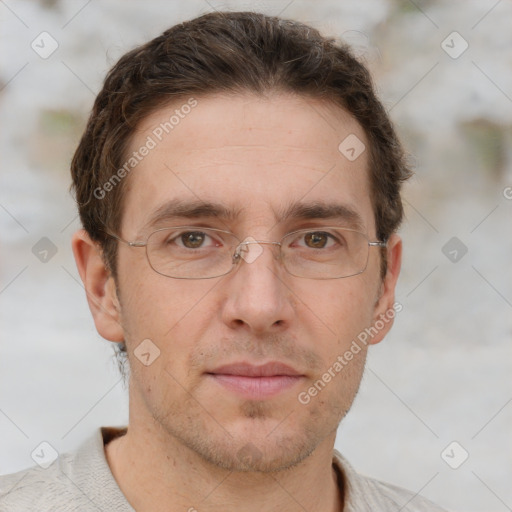 Joyful white adult male with short  brown hair and grey eyes