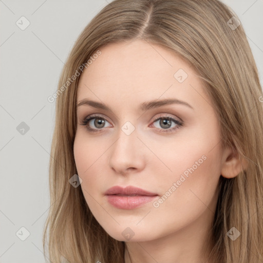 Neutral white young-adult female with long  brown hair and grey eyes