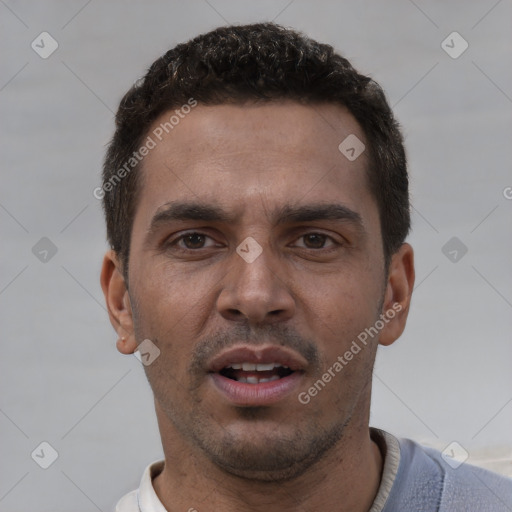 Neutral white young-adult male with short  brown hair and brown eyes