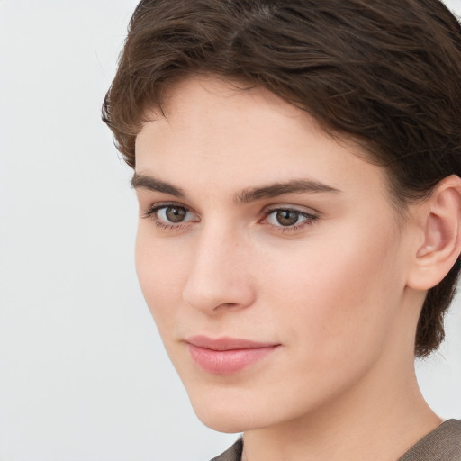 Neutral white young-adult female with short  brown hair and brown eyes