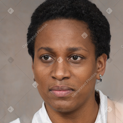 Joyful black young-adult female with short  black hair and brown eyes