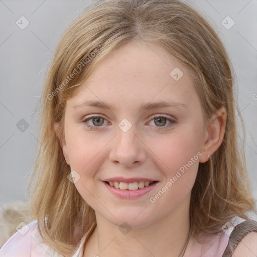 Joyful white child female with medium  brown hair and grey eyes