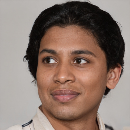 Joyful asian young-adult male with short  black hair and brown eyes