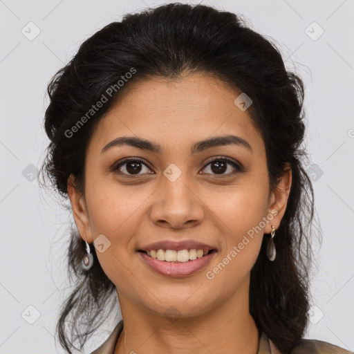 Joyful latino young-adult female with long  brown hair and brown eyes