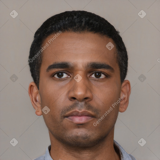 Neutral latino young-adult male with short  black hair and brown eyes
