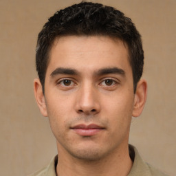 Neutral white young-adult male with short  black hair and brown eyes